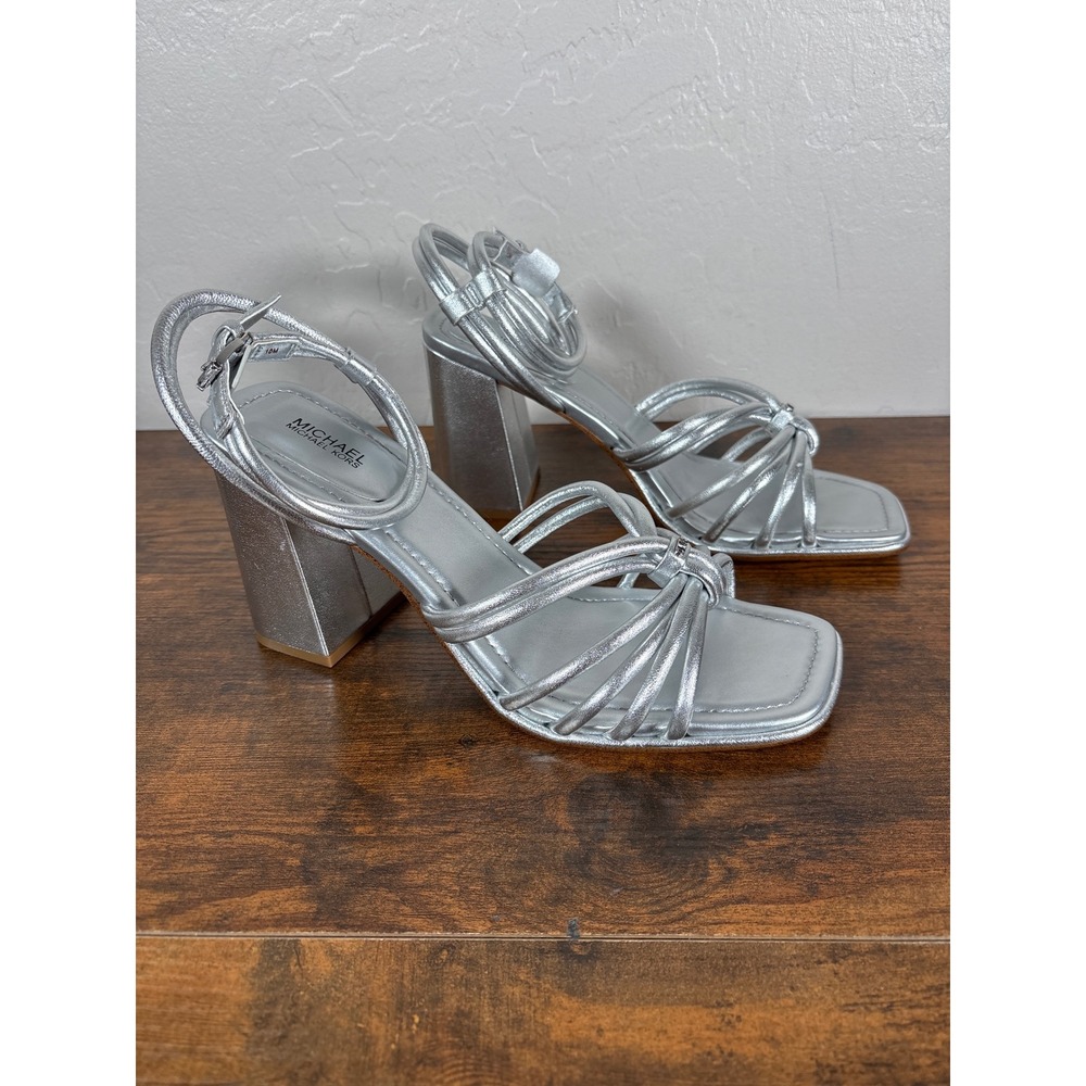 Michael Kors Silver Metallic Leather Strappy Block Heel‎ Sandals Square Toe 10M